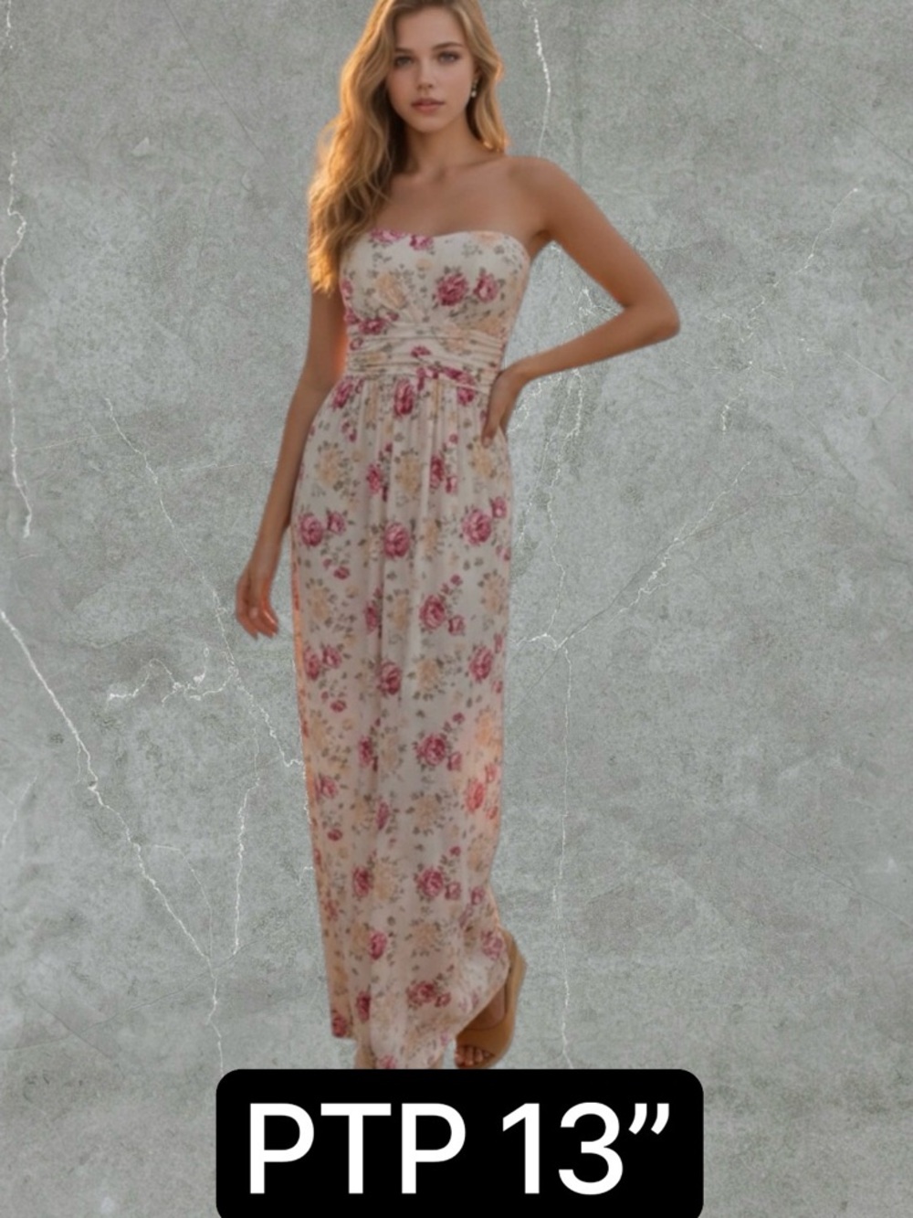 ✅Strapless Floral Maxi Dress in Cream and Red
